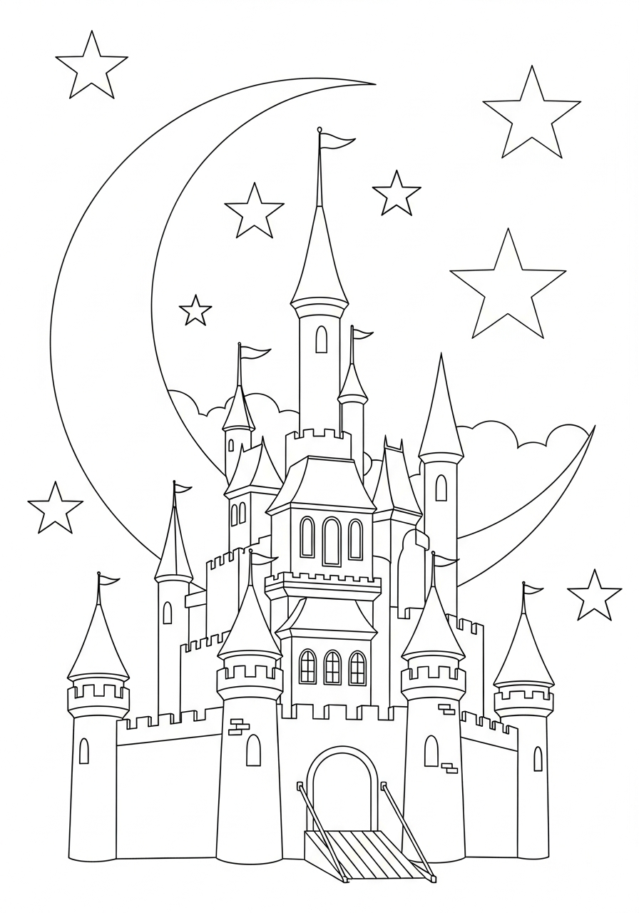 Castle Coloring Pages 12 Night silhouette of castle fortress coloring page