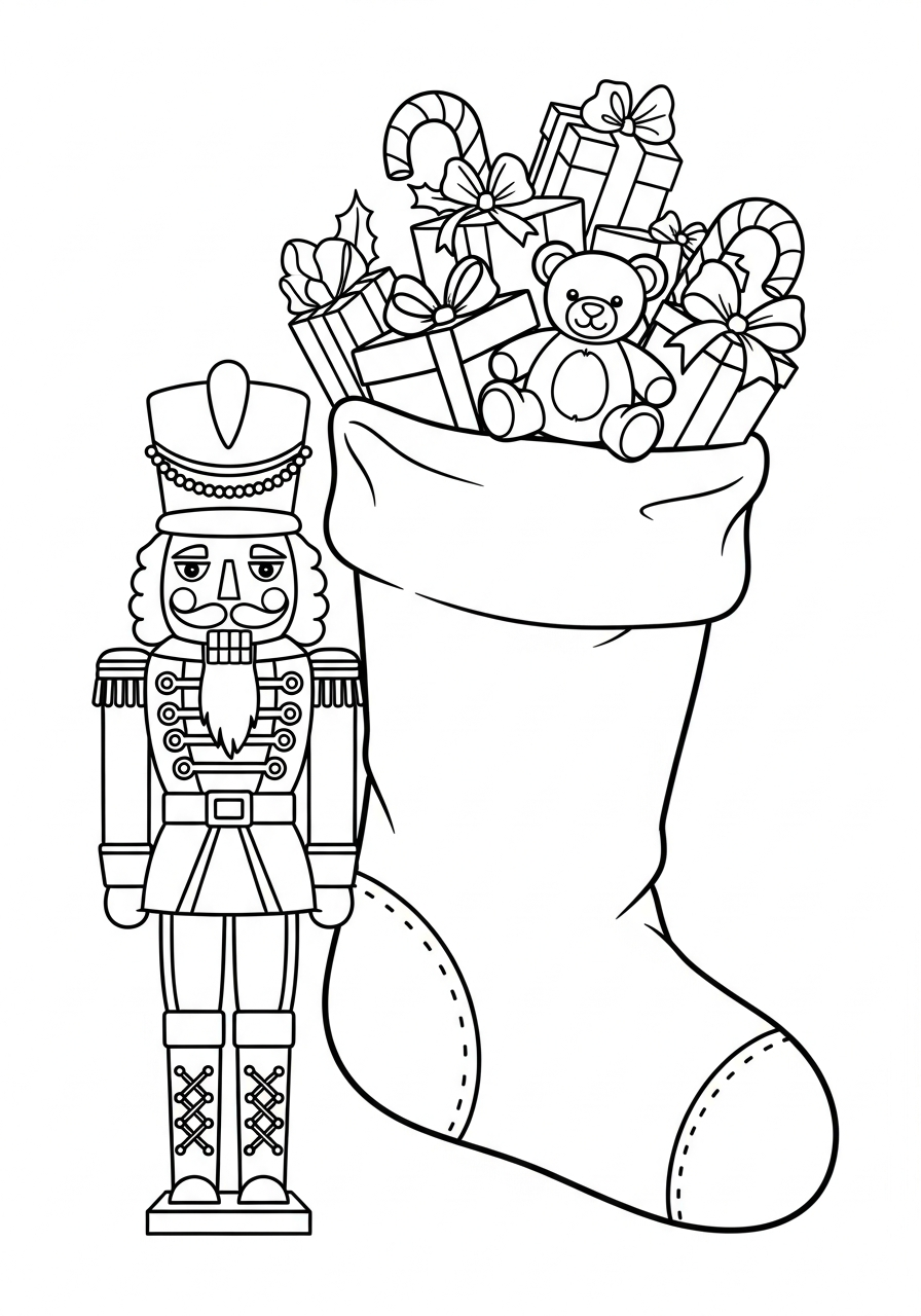 Nutcracker soldier beside Christmas Stocking coloring page