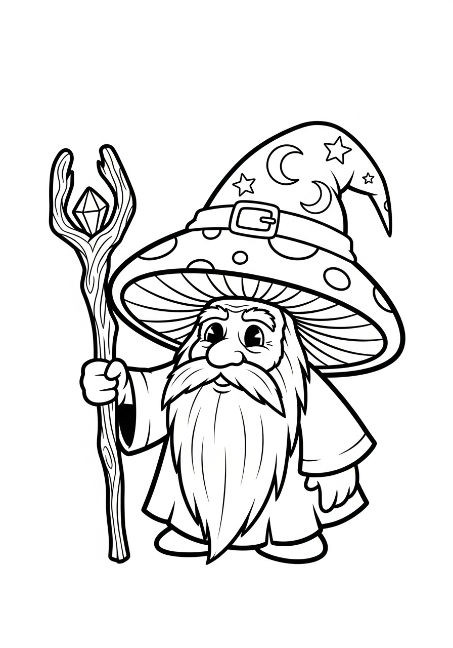 Mushroom Coloring Pages 25 Old wizard mushroom with beard staff coloring page