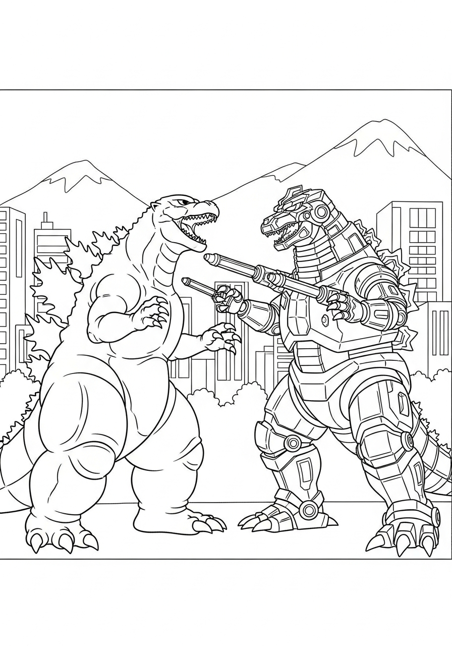 Organic Godzilla battling robot version coloring page