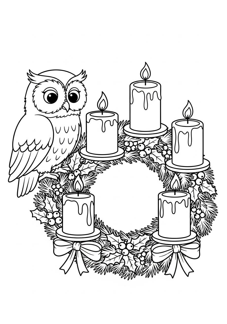 Advent Wreath Coloring Pages 19 Owl watching over Advent Wreath coloring page