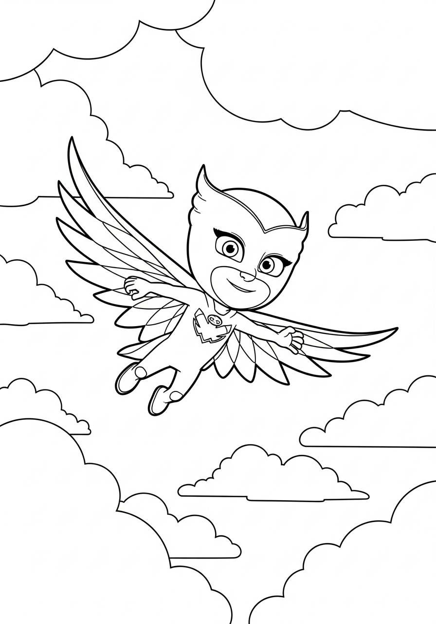 PJ Mask Coloring Pages 18 Owlette flying high in sky coloring page