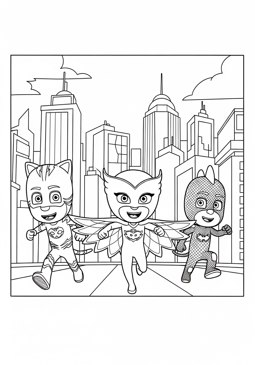 PJ Mask Coloring Pages 22 PJ Masks team running forward coloring page