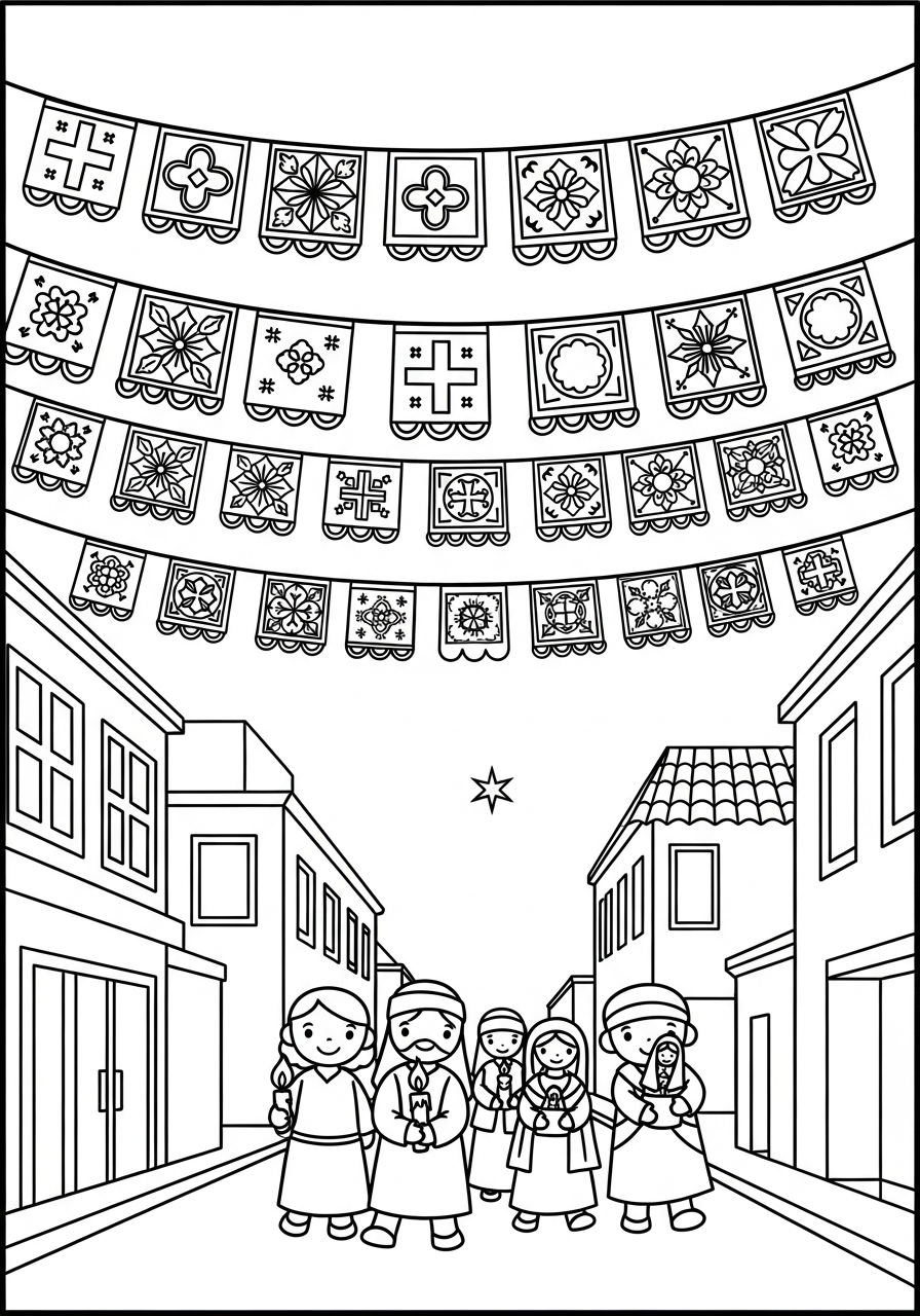 Las Posadas Coloring Pages 25 Papel picado banners street decoration coloring page