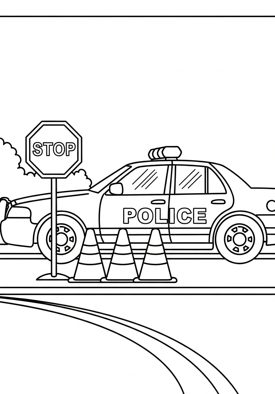 Police Car Coloring Pages 20 Parked police car near cones coloring page