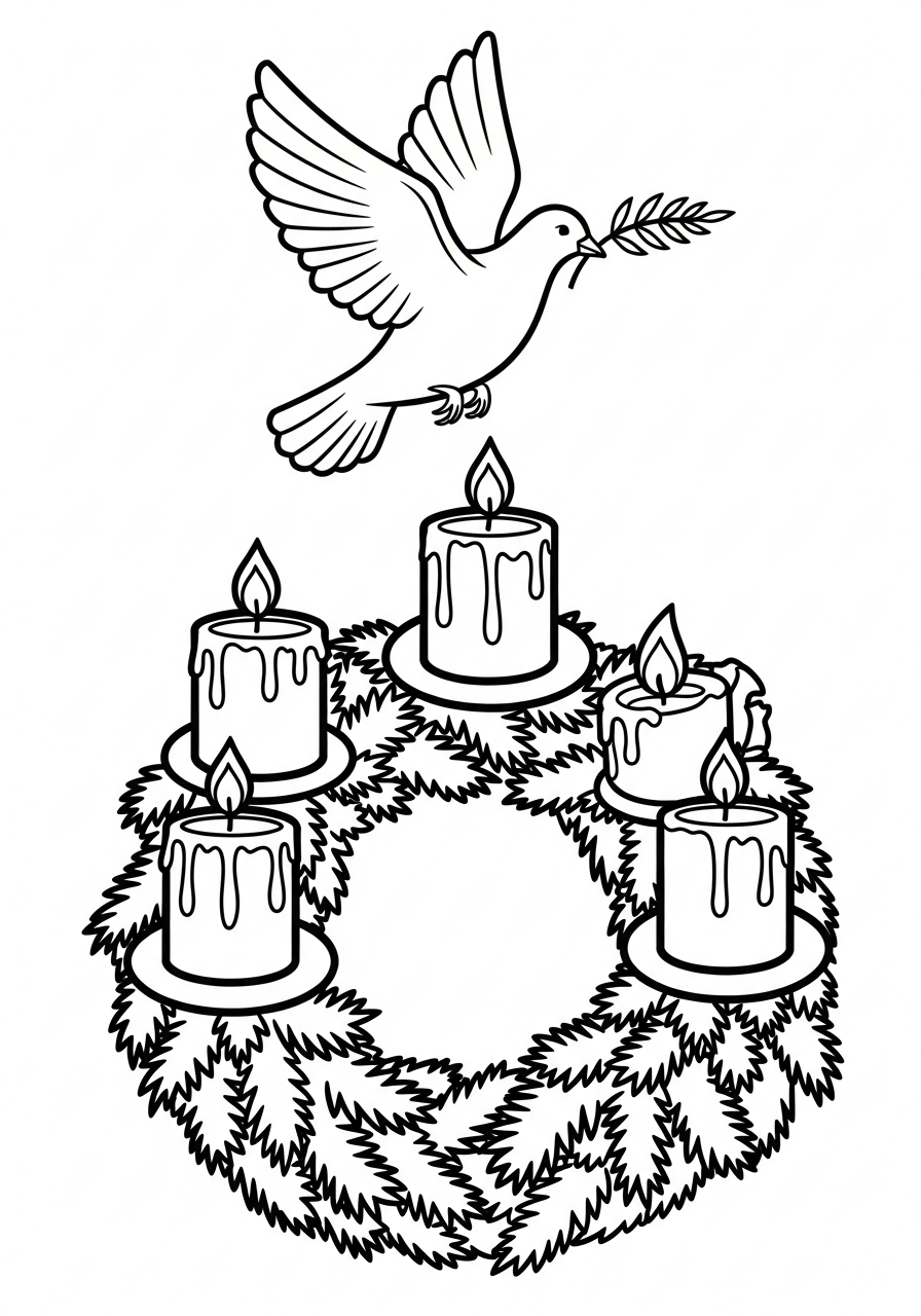 Advent Wreath Coloring Pages 21 Peace dove above Advent Wreath coloring page