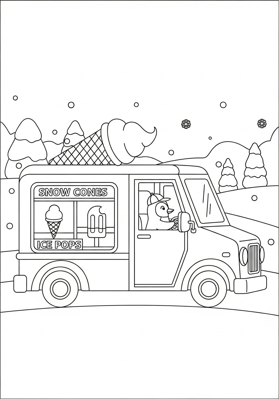 Penguin driving snowy ice cream truck coloring page