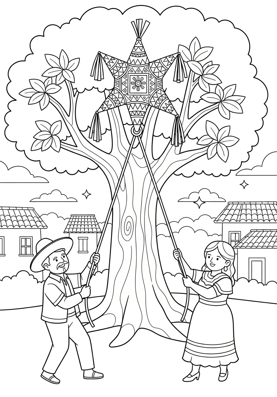 Las Posadas Coloring Pages 26 People hanging piñata on tree coloring page