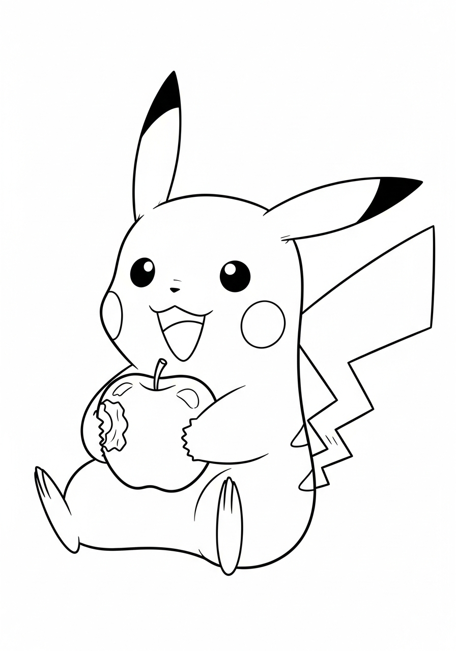 Pikachu Coloring Pages 18 Pikachu eating an apple coloring page
