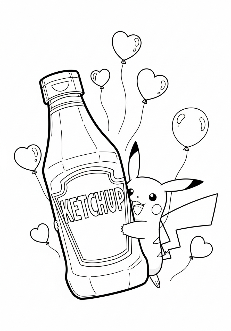Pikachu Coloring Pages 19 Pikachu hugging ketchup bottle coloring page