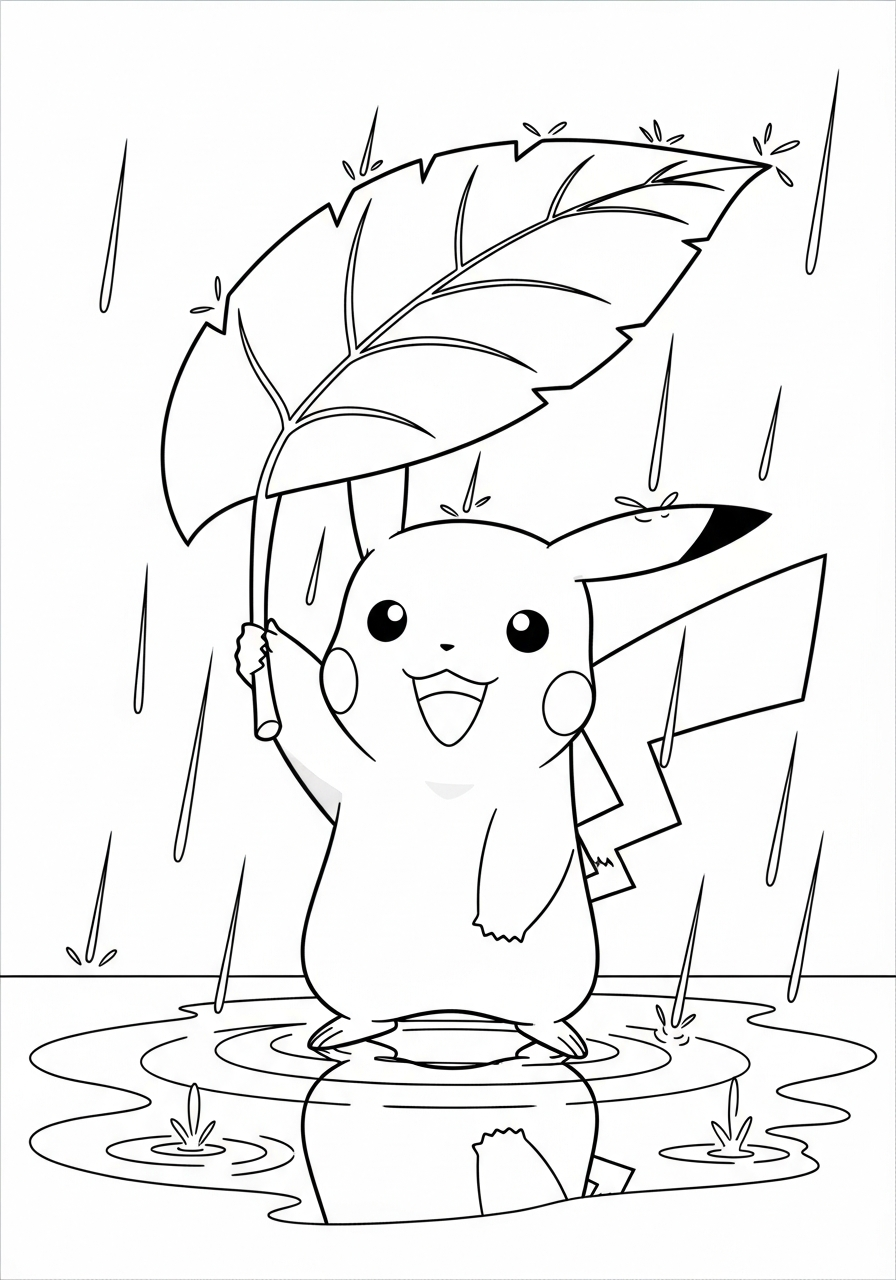 Pikachu Coloring Pages 21 Pikachu in rain with leaf coloring page