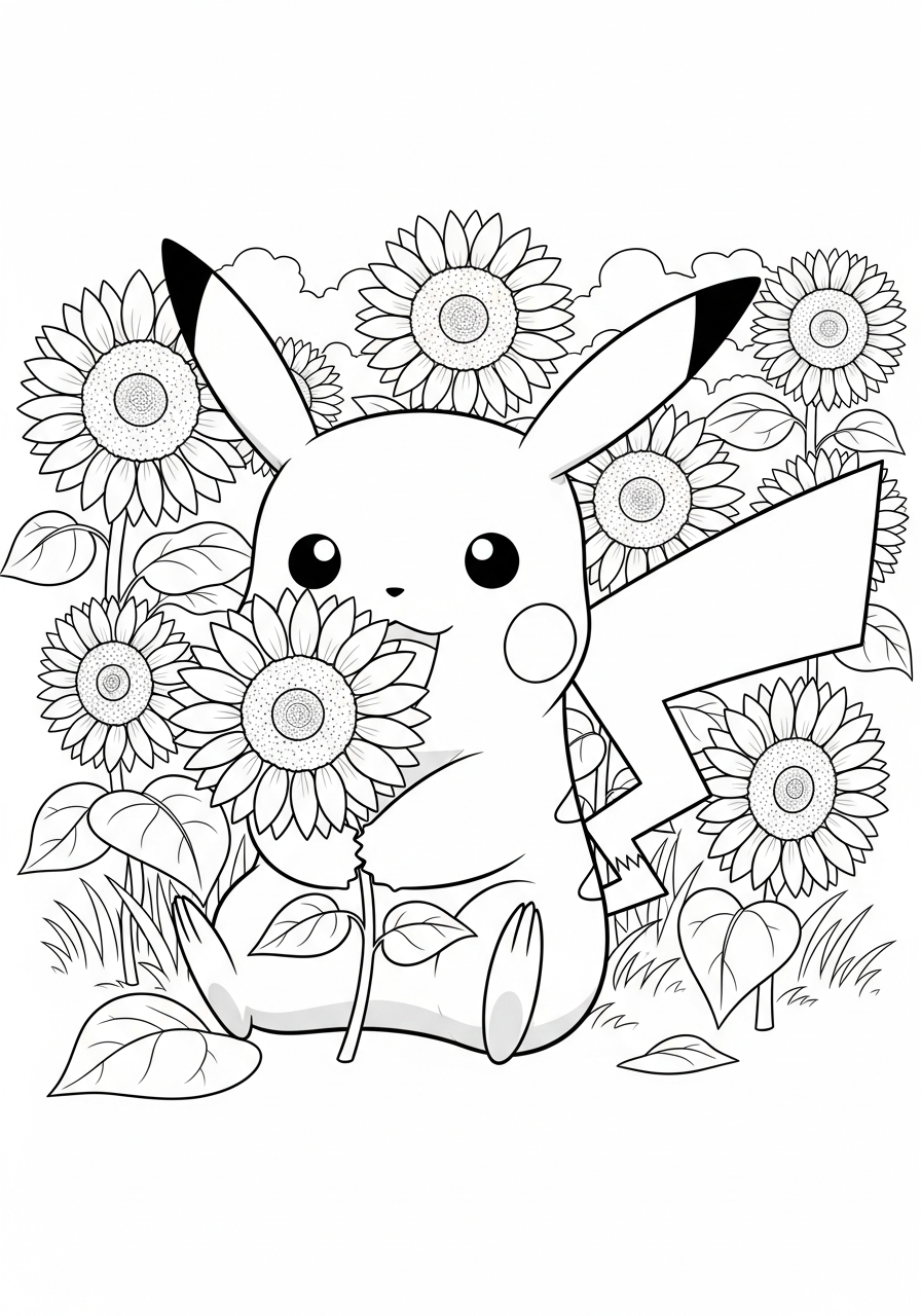 Pikachu Coloring Pages 22 Pikachu in sunflower field coloring page