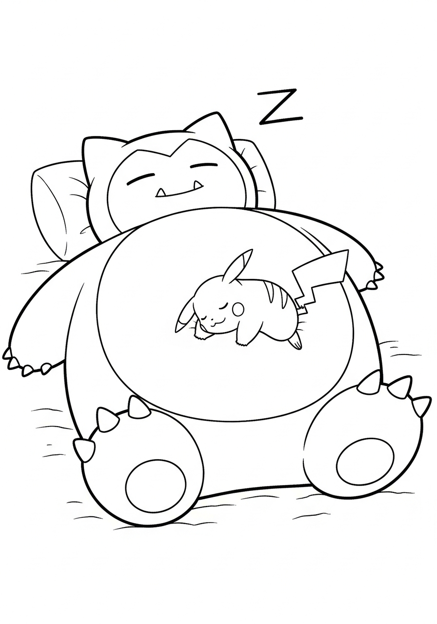 Snorlax Coloring Pages 11 Pikachu sleeping on Snorlax belly coloring page