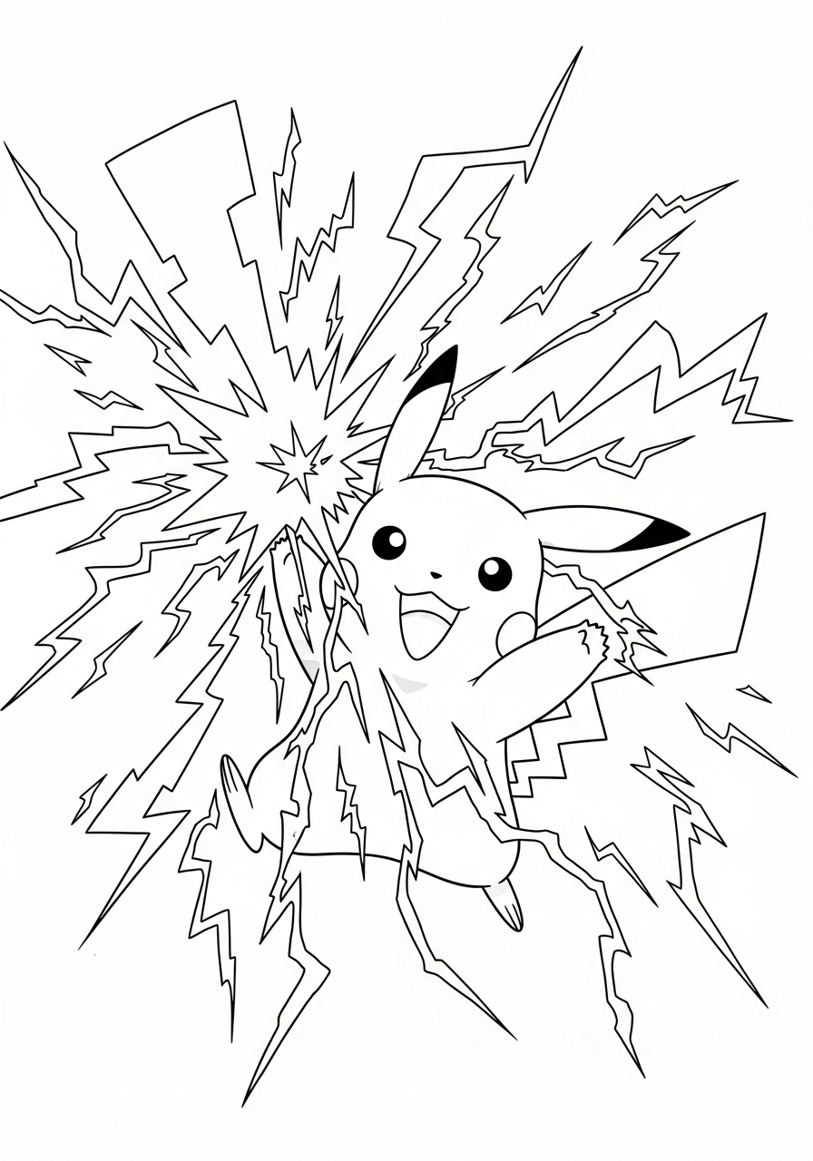 Pikachu Coloring Pages 23 Pikachu thunderbolt attack action coloring page