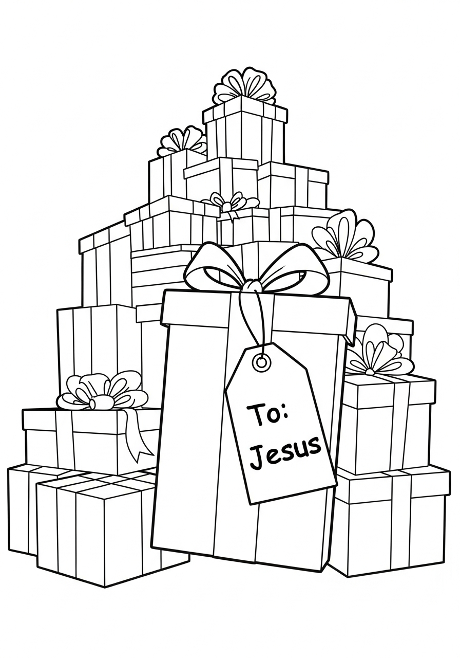 Pile of Christmas presents for Jesus coloring page