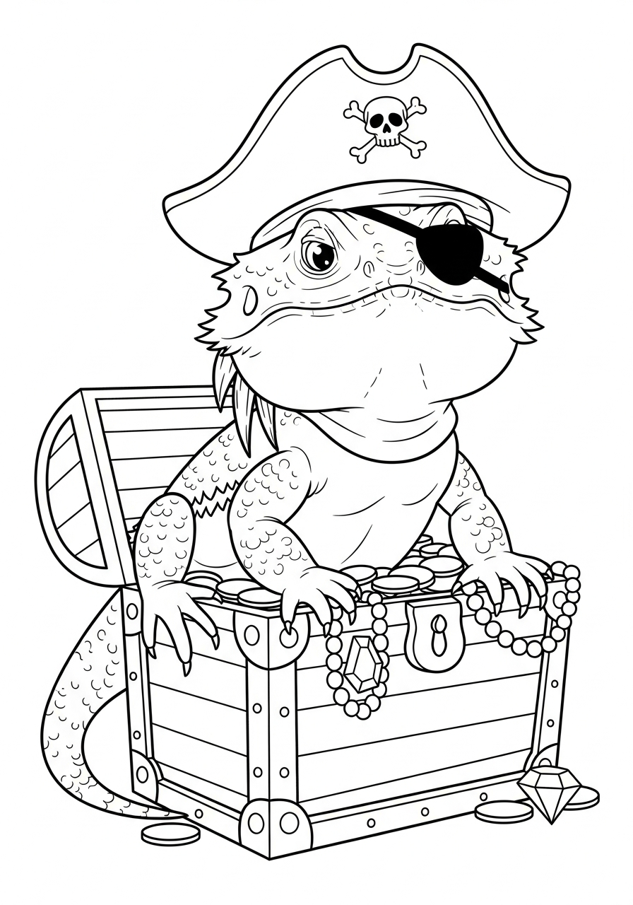 Bearded Dragon Coloring Pages 29 Pirate Bearded Dragon with treasure coloring page