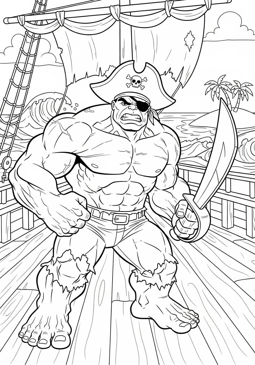 Pirate Hulk wearing hat patch coloring page