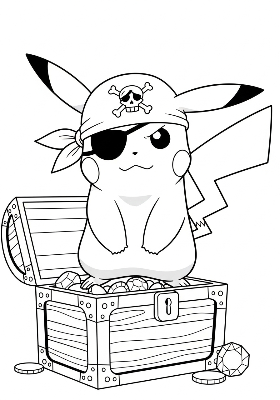 Pikachu Coloring Pages 25 Pirate Pikachu on treasure coloring page