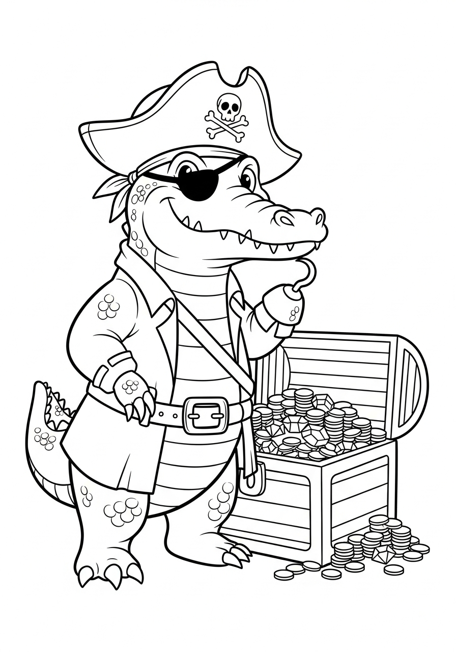 Alligator Coloring Pages 28 Pirate alligator with treasure chest coloring page