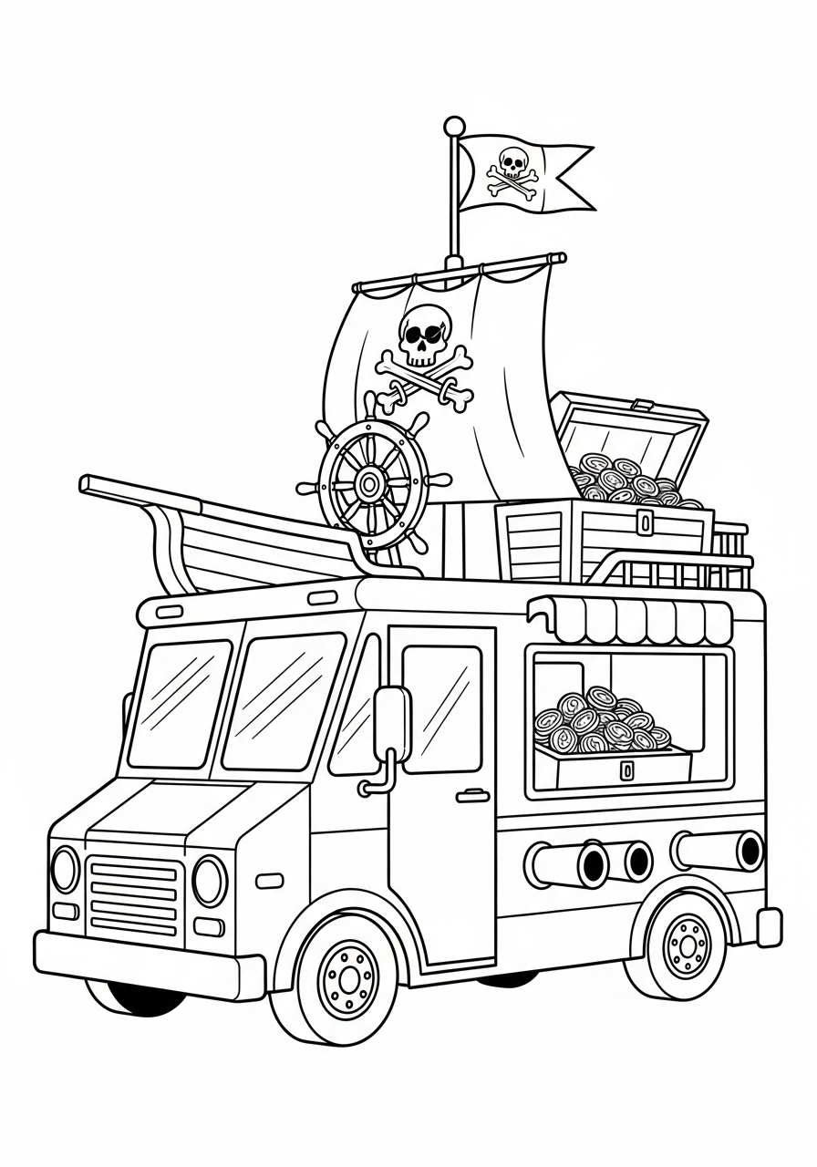 Pirate ship themed ice cream truck coloring page