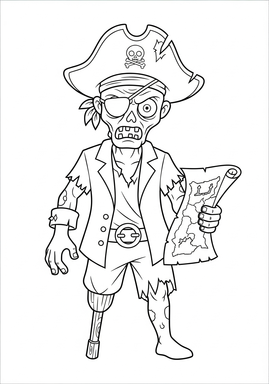 Zombie Coloring Pages 19 Pirate zombie with treasure map coloring page