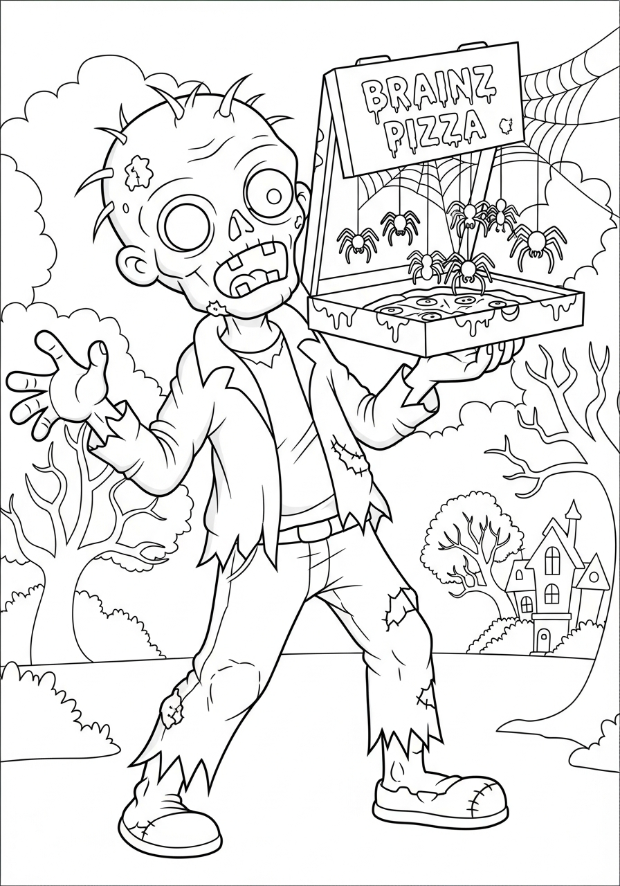 Zombie Coloring Pages 20 Pizza delivery zombie with spiders coloring page