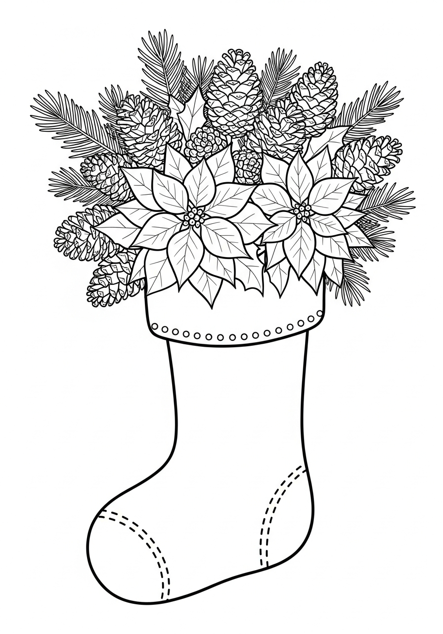 Poinsettia and pinecone nature Christmas Stocking coloring page