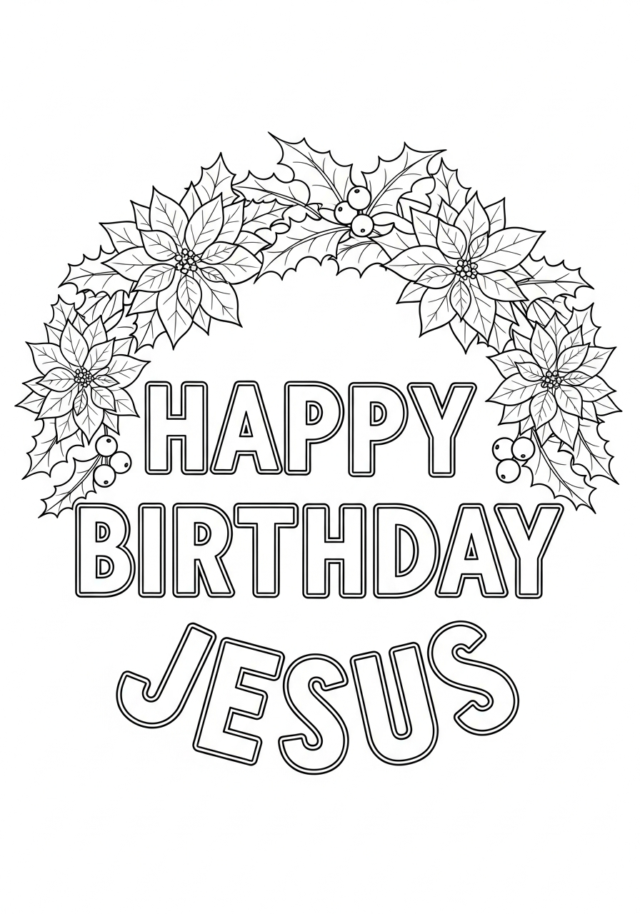 Poinsettia wreath with birthday text coloring page