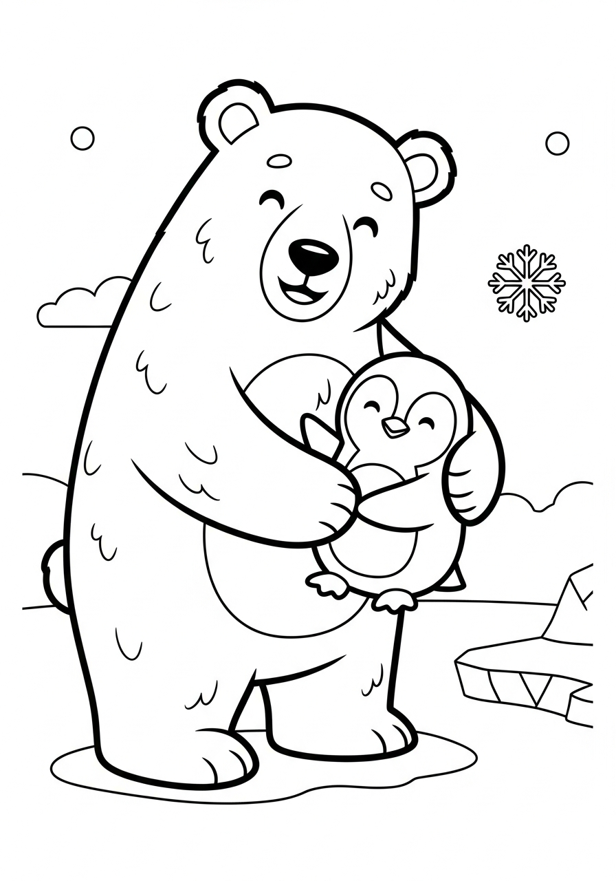 Polar Bear Coloring Pages 15 Polar bear hugging cute penguin coloring page