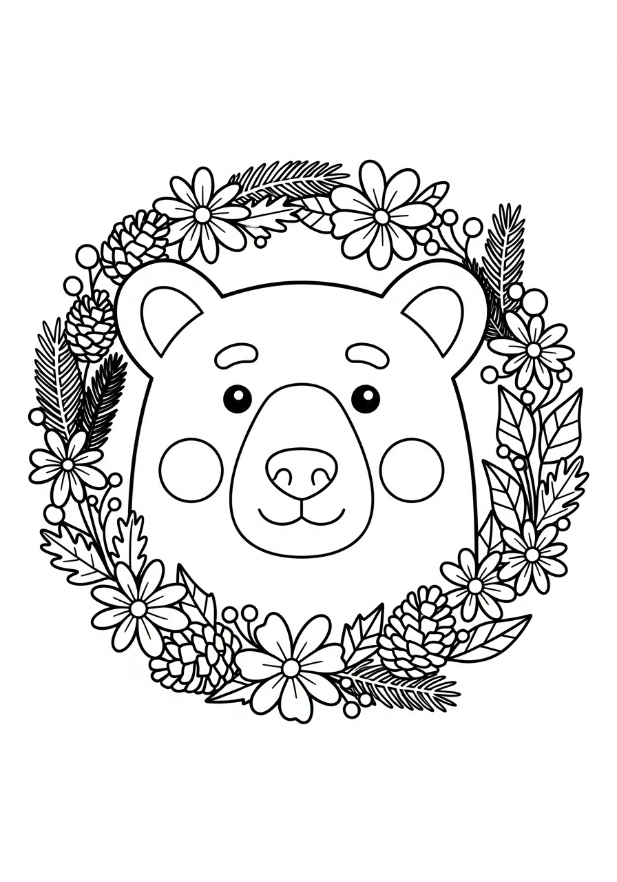 Polar Bear Coloring Pages 17 Polar bear in floral wreath coloring page