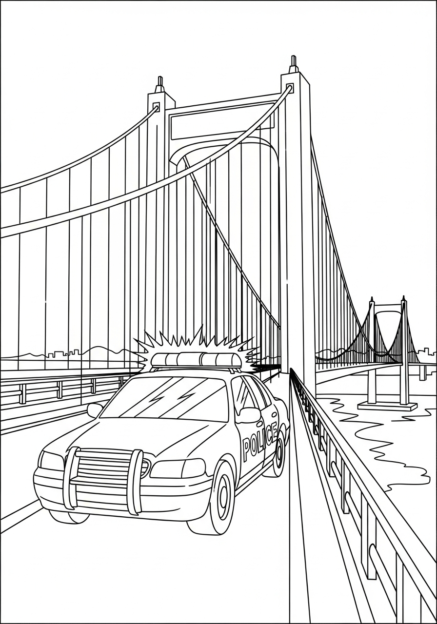 Police Car Coloring Pages 21 Police car crossing a bridge coloring page