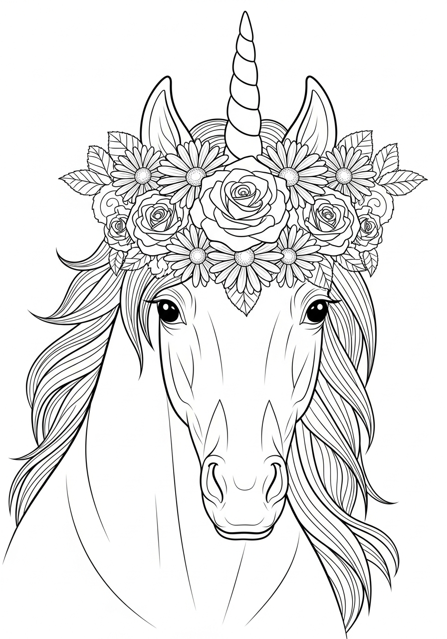 Unicorn Coloring Pages 15 Portrait of unicorn with flowers coloring page