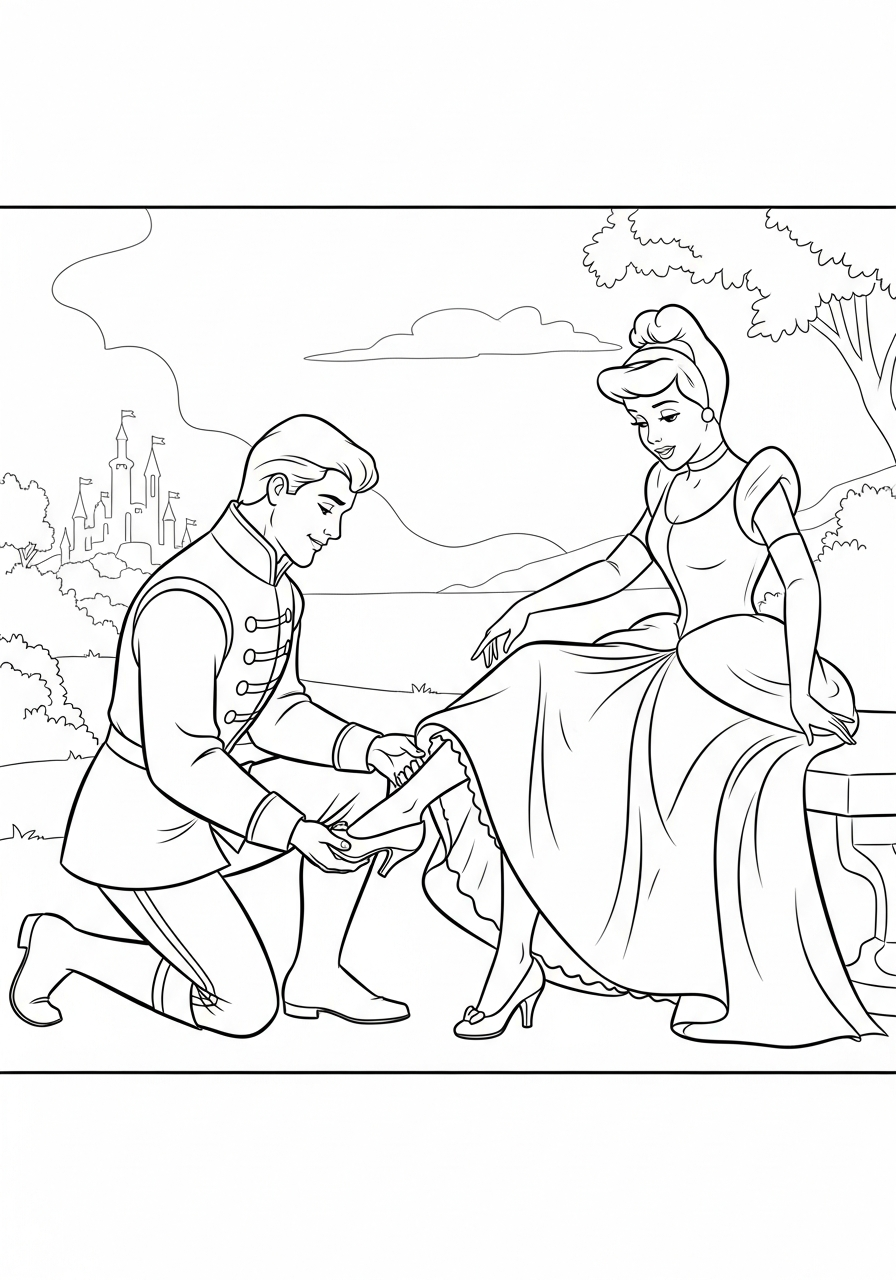 Prince fitting glass slipper on Cinderella coloring page