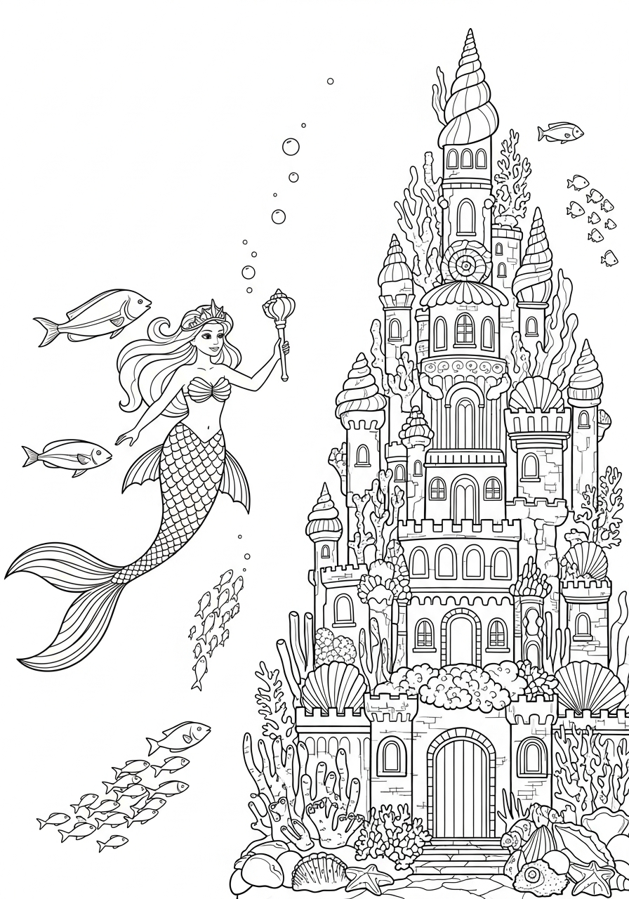 Mermaid Coloring Pages 27 Princess mermaid swimming to castle coloring page