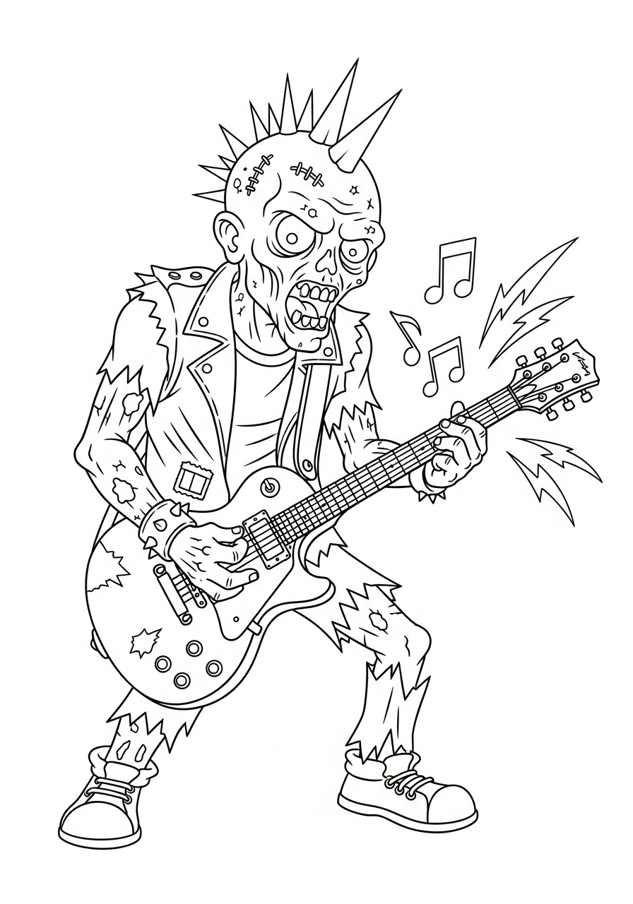 Zombie Coloring Pages 22 Punk zombie playing electric guitar coloring page