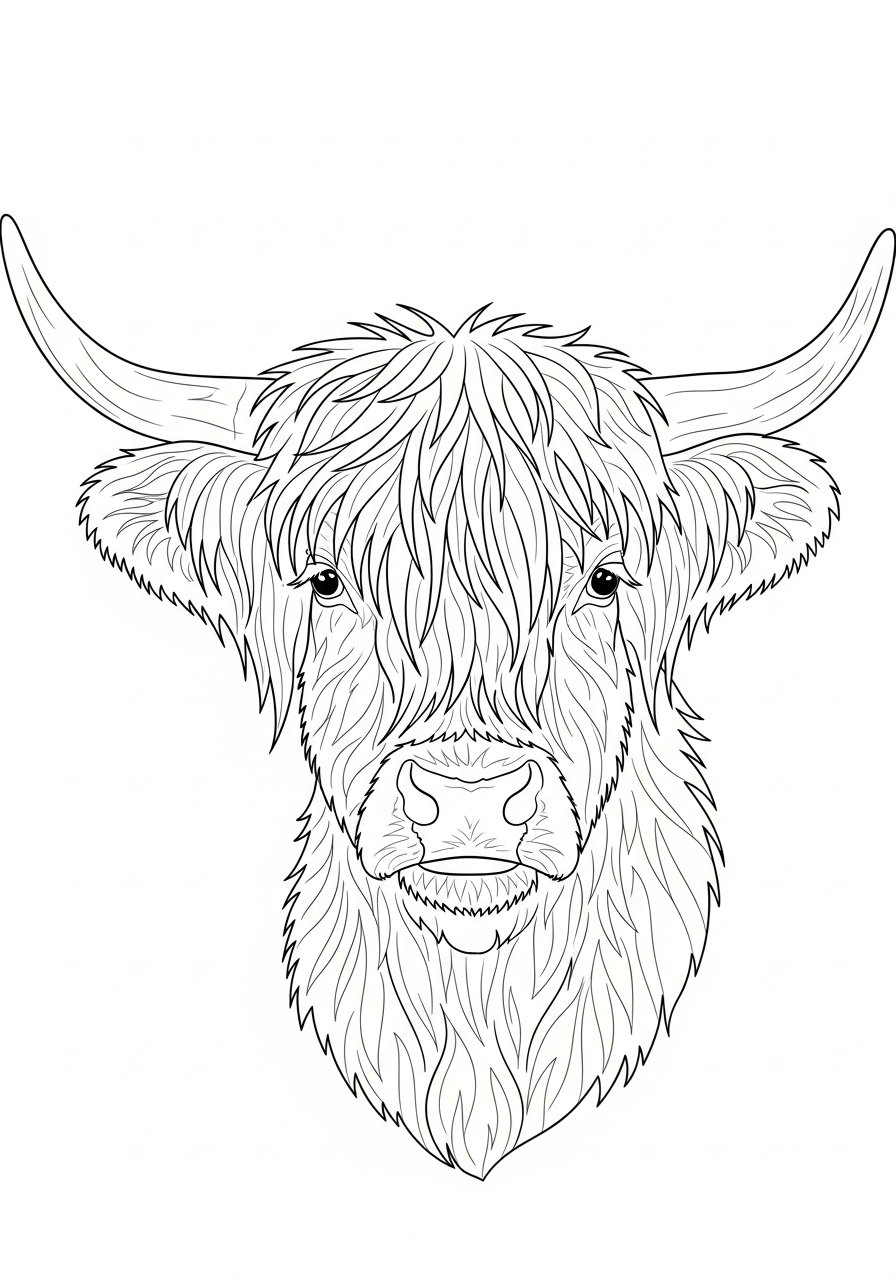 Highland Cow Coloring Pages 26 Realistic Highland cow face portrait coloring page