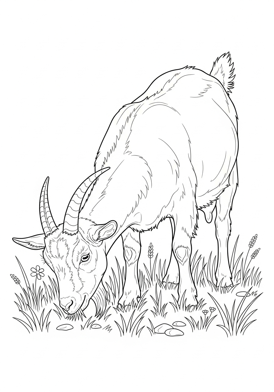 Realistic grazing goat eating grass coloring page