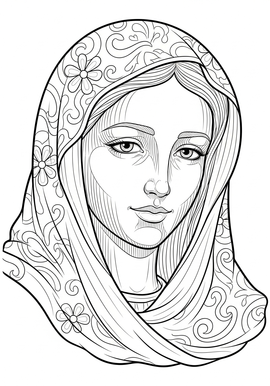 Realistic portrait of Virgin Mary coloring page