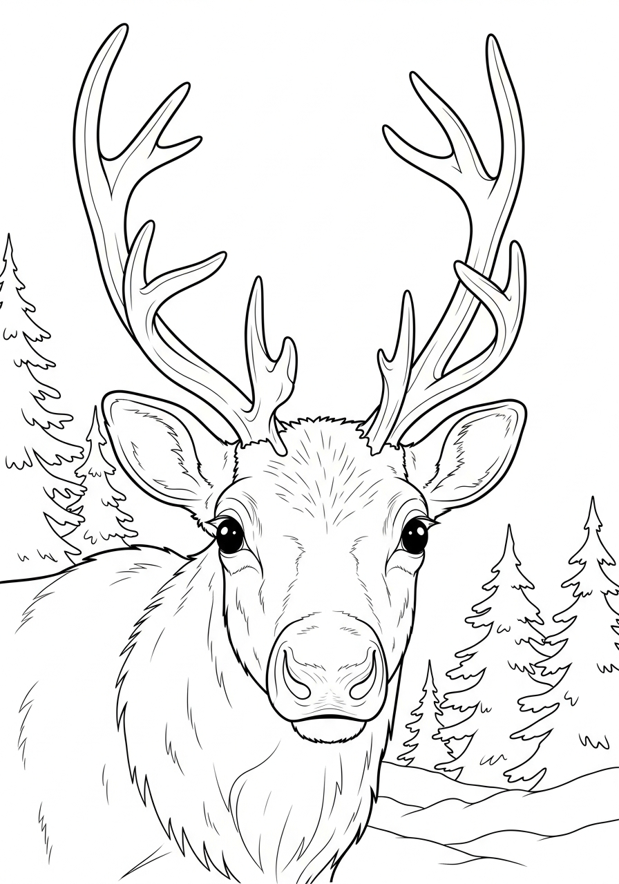 Reindeer Coloring Pages 14 Realistic reindeer face forest background coloring page