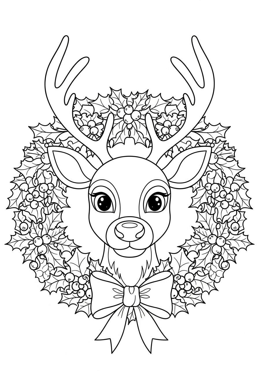 Reindeer Coloring Pages 17 Reindeer face inside christmas wreath coloring page