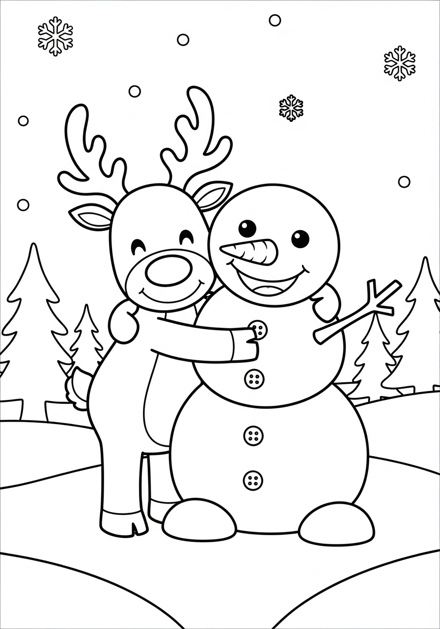 Reindeer Coloring Pages 19 Reindeer hugging snowman winter friend coloring page