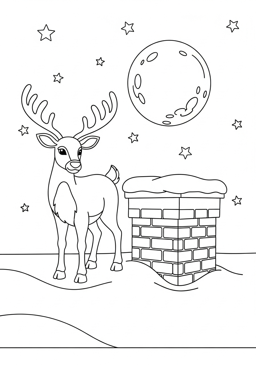 Reindeer Coloring Pages 20 Reindeer on snowy rooftop chimney coloring page
