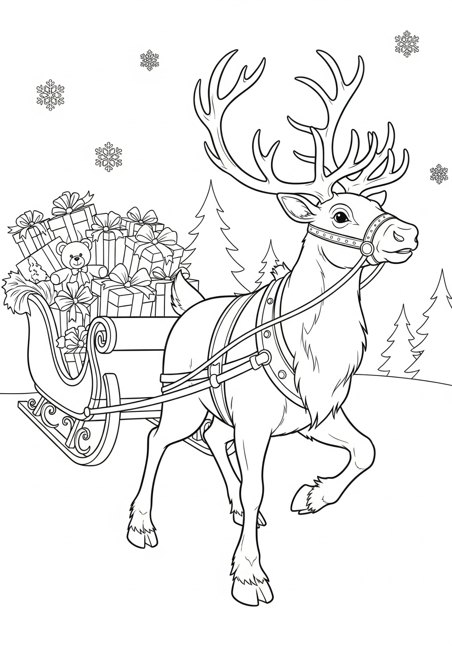 Reindeer Coloring Pages 21 Reindeer pulling sleigh with gifts coloring page