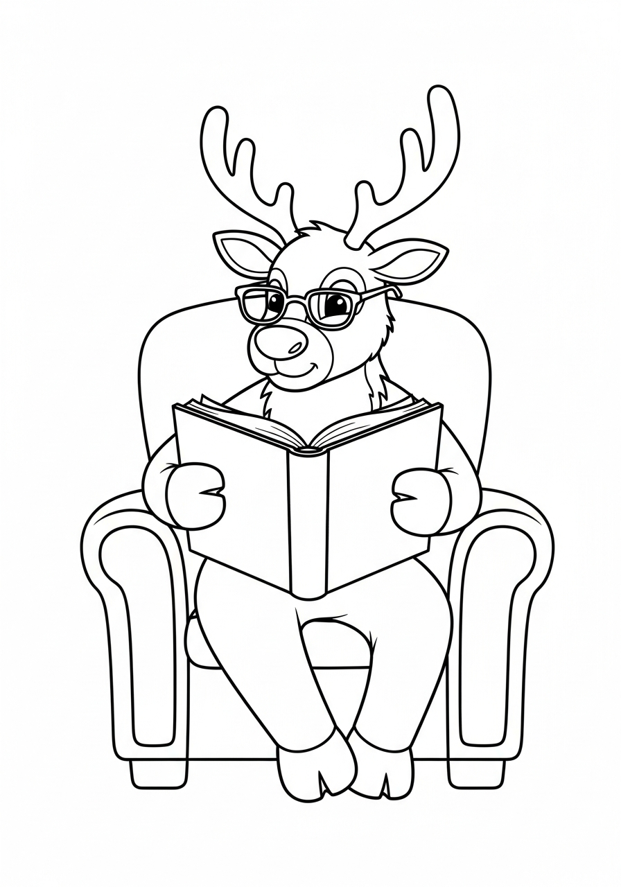 Reindeer Coloring Pages 22 Reindeer reading book with glasses coloring page