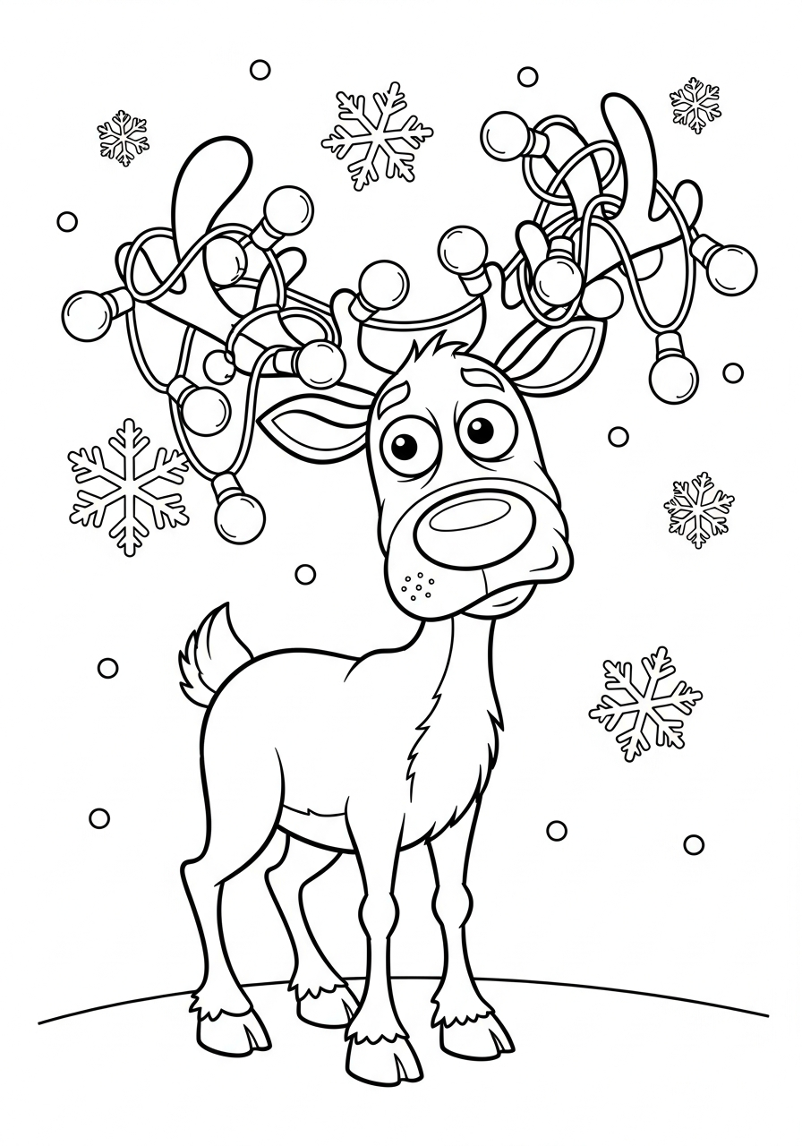 Reindeer Coloring Pages 23 Reindeer tangled in christmas lights coloring page