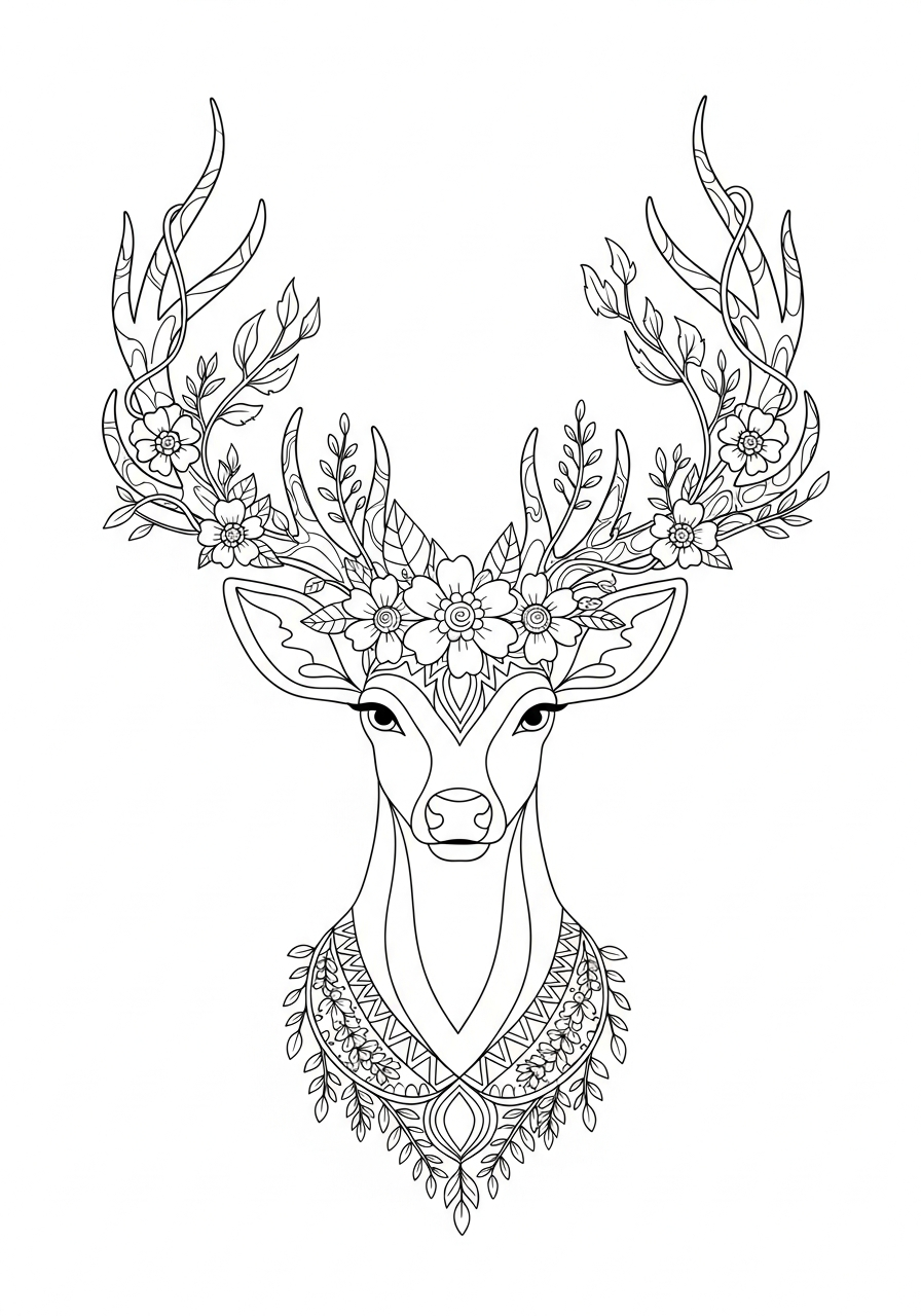 Reindeer Coloring Pages 25 Reindeer with floral vines antlers coloring page