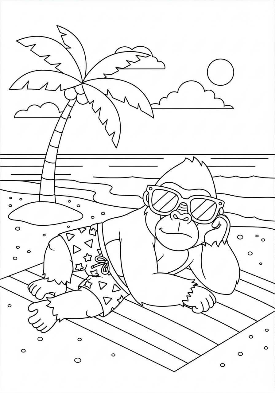 Gorilla Coloring Pages 22 Relaxing beach gorilla with sunglasses coloring page
