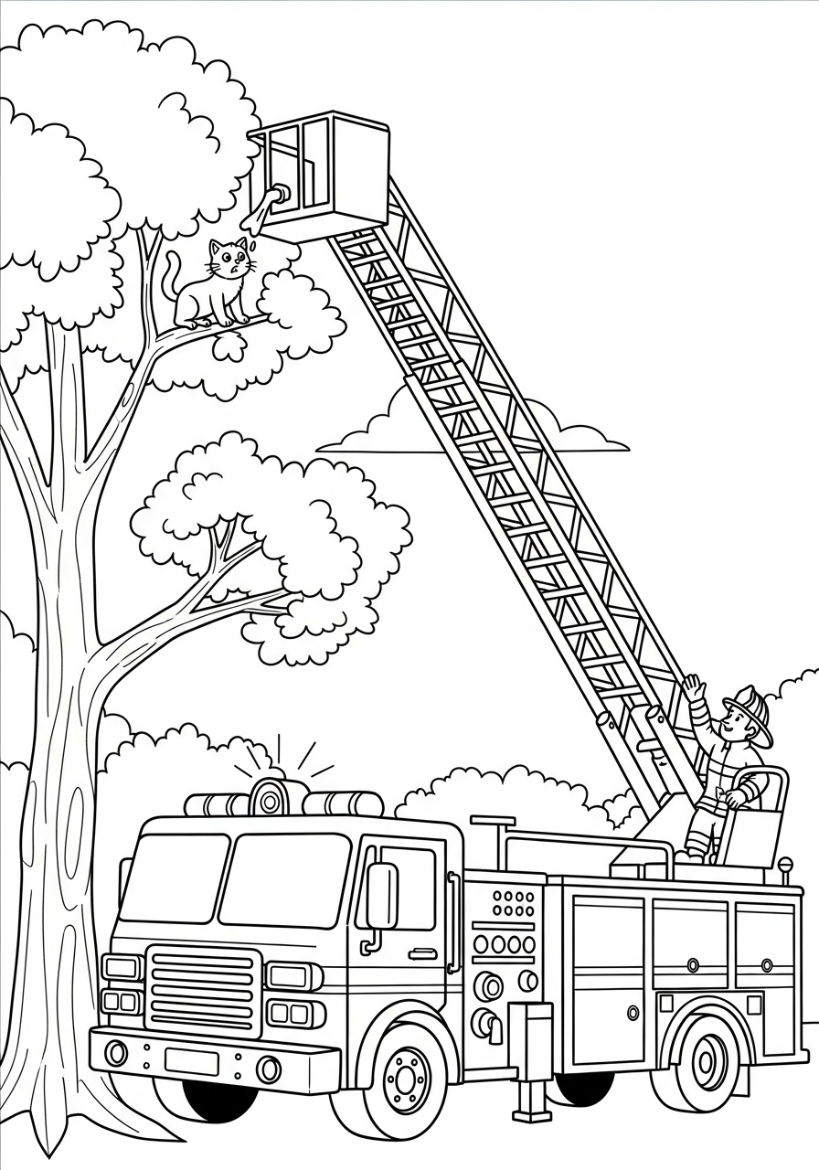 Fire Truck Coloring Pages 18 Rescuing cat tree fire truck coloring page