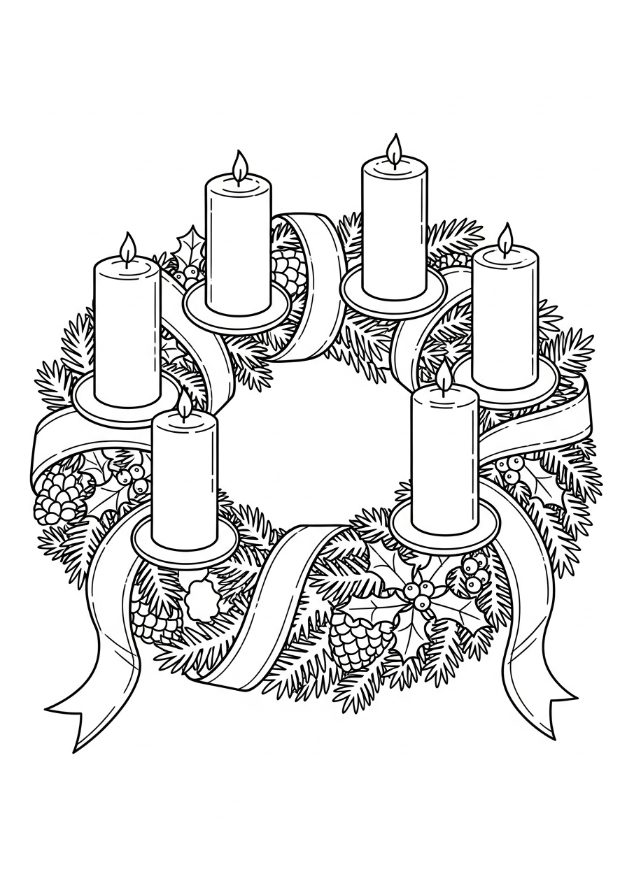 Advent Wreath Coloring Pages 22 Ribbon wrapped evergreen Advent Wreath coloring page
