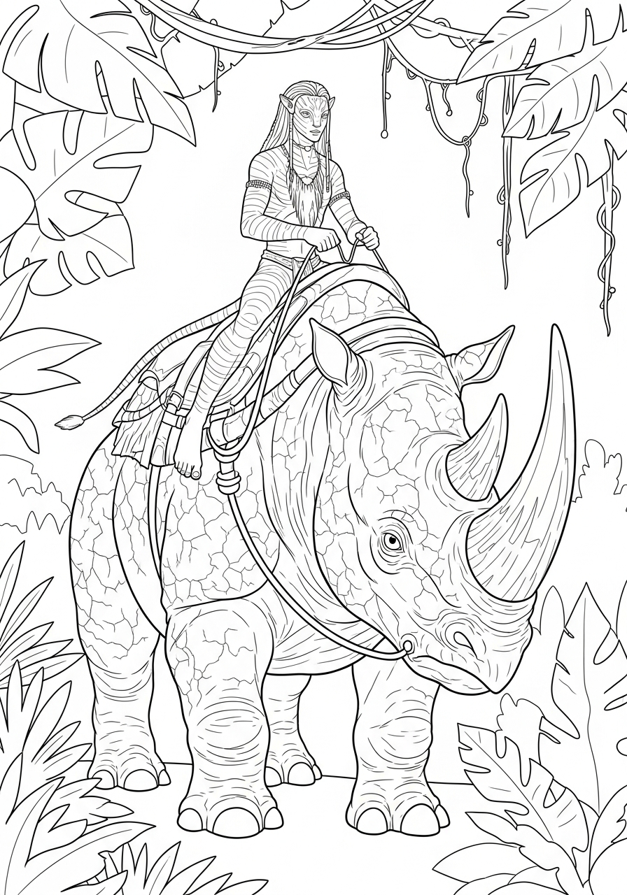 Rider on rhino creature Avatar 3 coloring page